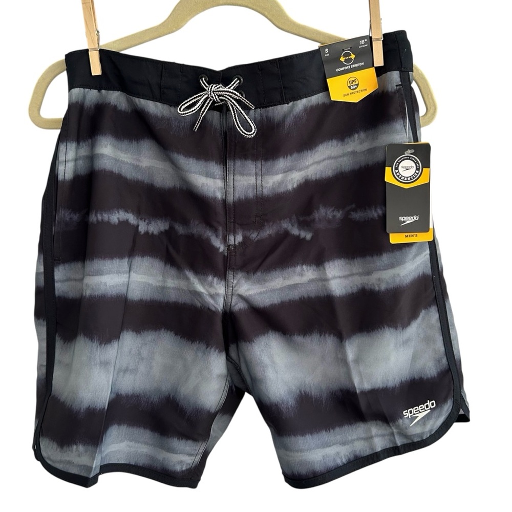 NWT Speedo Comfort Stretch Black & Gray UPF 50+ Swim Trunks With Liner Sz Small
